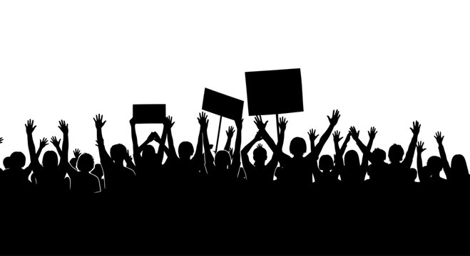 Silhouette of a large crowd of protesters holding blank signs.