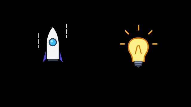 Creative ideas and success loop animation featuring rocket launch and light bulb vector icons