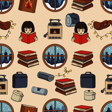 Colorful whimsical seamless pattern with vintage travel and study elements, concept for educational materials, book cover design, stationery, classroom decor, and nostalgic branding projects