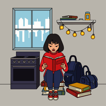 Cheerful cartoon child standing in cozy kitchen with school backpack and hanging citrus fruits, concept for back-to-school, healthy lifestyle, and family education themes, ideal for educational