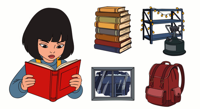 Cute young student reading a vibrant red book beside colorful stacked bookshelves and school supplies, concept for education, learning, and back-to-school themes, ideal for academic promotions, study