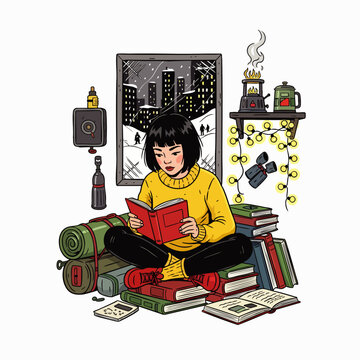 Cozy young child reading colorful books on the floor surrounded by playful toys and warm lighting, concept for childhood education, family lifestyle, and learning environment illustrations for