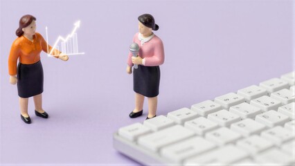 Obraz premium Two miniature businesswomen discuss growth, with a keyboard and graph nearby.