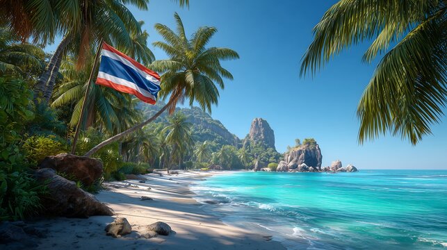 Thailand flag waving on a tropical beach with turquoise water and palm trees under sunny skies, representing travel, tourism, tropical beauty, national pride, and relaxation.
