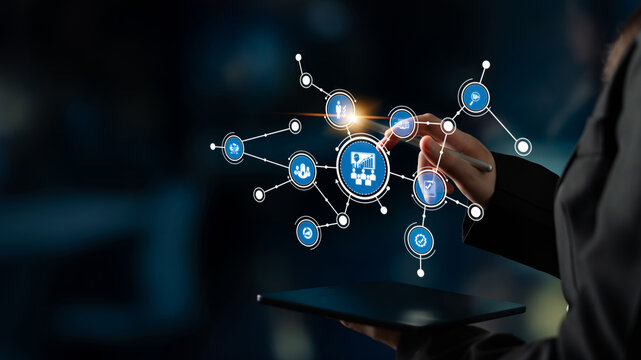 A modern digital concept showcasing a business professional interacting with a user interface, representing technology, innovation, and the future of eCommerce solutions. Tessel