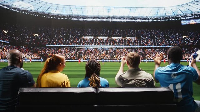 Football fans celebrate a goal at home with a beer cup while watching football on TV, with high fidelity coverage creating a stadium field feeling.