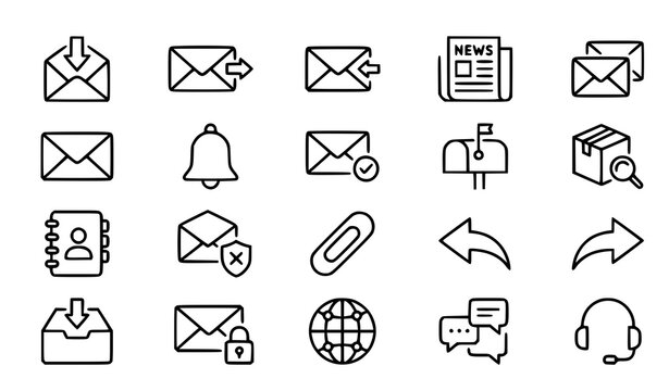 Mail Communication Line Icon Set with Email Message and Postal Symbols