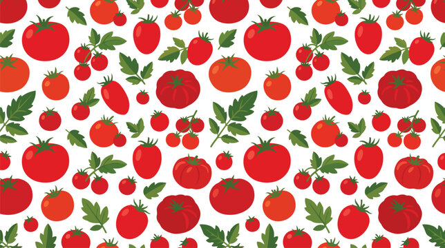 Seamless pattern of ripe tomatoes with green leaves against a white background.