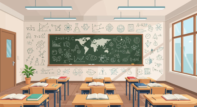 Vector illustration of a modern school classroom interior featuring a green chalkboard with world map and scientific formulas, wooden desks with textbooks, and walls with math doodles.