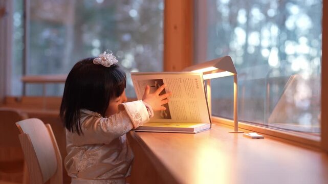 Soft light warms a child's focused gaze. She reads with quiet concentration, fingers turning pages. Her expression shows gentle curiosity. Book rests on wooden desk near window