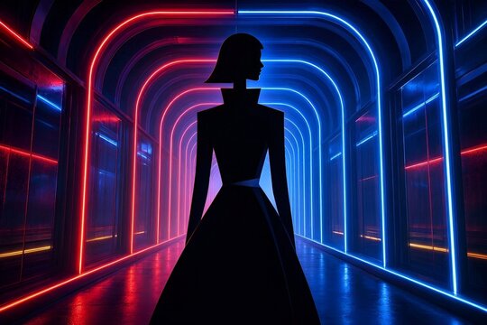 Abstract futuristic woman silhouette inside neon architectural tunnel with red & blue light, symbolizing innovation modern fashion digital art & advanced technology concept. Futuristic Sci-fi Corridor