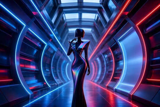 Abstract futuristic woman silhouette inside neon architectural tunnel with red & blue light, symbolizing innovation modern fashion digital art & advanced technology concept. Futuristic Sci-fi Corridor