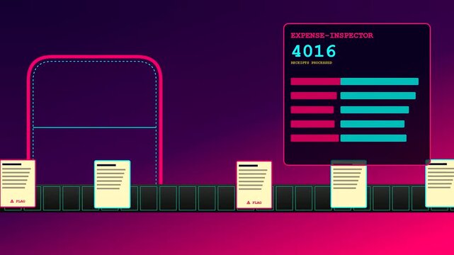 A smooth workspace auditing process unfolds as colorful digital document icons glide along a neon conveyor belt inside a sleek purple electronic interface system display
