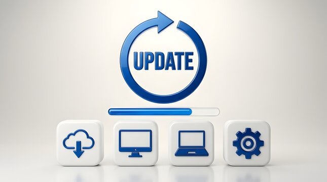 Blue update text inside circular arrow above loading progress bar and icons. Concept of software upgrade, data synchronization, and IT optimization.