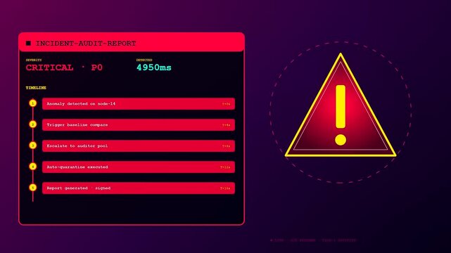 A sequence showing workspace auditing status panels featuring bright red warning signs and scrolling text alerts that monitor system performance metrics inside a dark computer interface