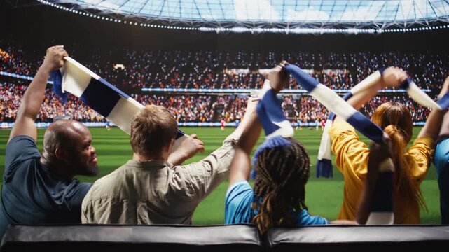 Close-up scene showing soccer fans following a match from the couch with scarves for team support as high fidelity broadcast delivers stadium realism.