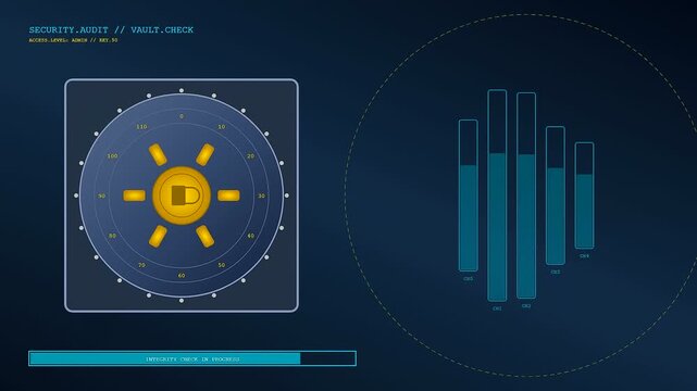 a workspace auditing digital process displays graphical bar charts and rotating circular interface elements as system data loads on a dark blue computer screen display monitor