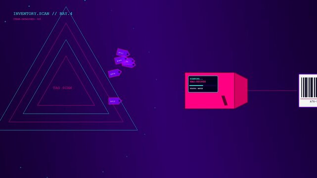 A workspace auditing sequence features glowing geometric triangles alongside a digital magenta box and scanning barcode elements displayed within a sleek modern purple interface visual flow