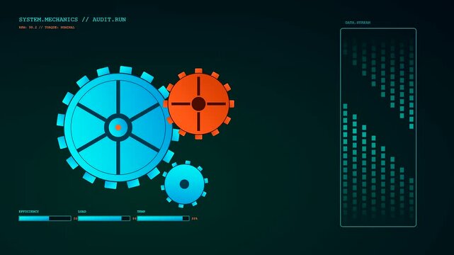Digital workspace auditing systems feature rotating circular mechanical gears appearing on a dark interface screen with glowing light bars indicating data flow and fluctuating status levels