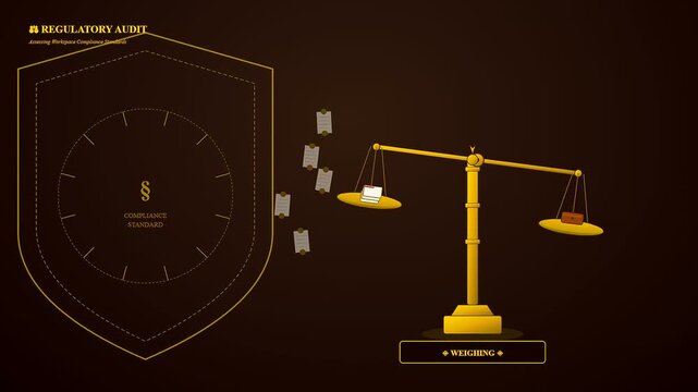 Workspace auditing process showing golden scales of justice balancing stacks of paper documents in a professional corporate environment with a glowing shield symbol behind the scales