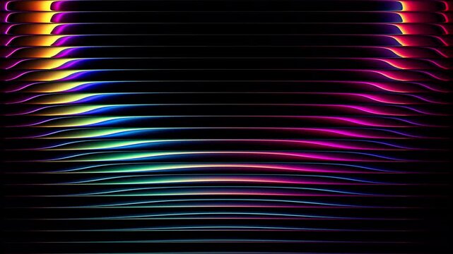 Colorful luminous iridescent rainbow circle moving slowly upward behind ribbed glass. Horizontal optical refraction stretches colorful ring light into fluid geometric ribbons. Seamless loop. 4K video