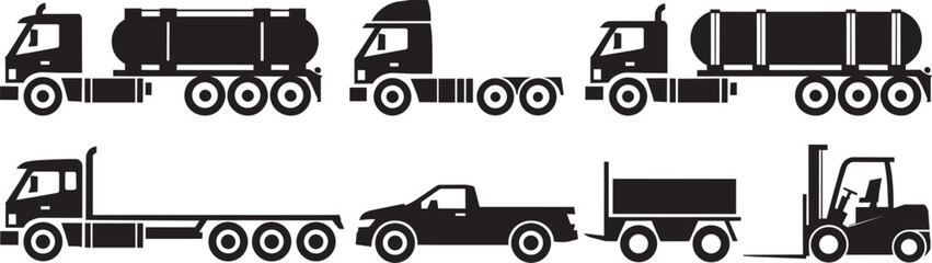 Set of isolated construction machinery vector icons featuring heavy duty transport logistics vehicles dump trucks tank trailers and forklift equipment for industrial warehouse material logistics. © Somina