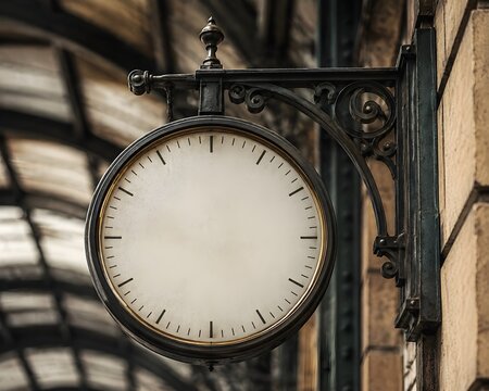 Ornate Railway Station Analog Clock Bracket Creates Vintage Architectural Detail with Elegant Blank Clock Face