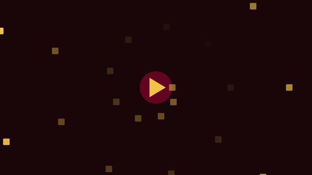 Minimalist play button animation with rotating golden particles on dark 4k background, media player interface