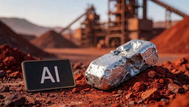 Large piece silver foil lying pile red rocks open-pit mine background there industrial plant conveyor belt oth