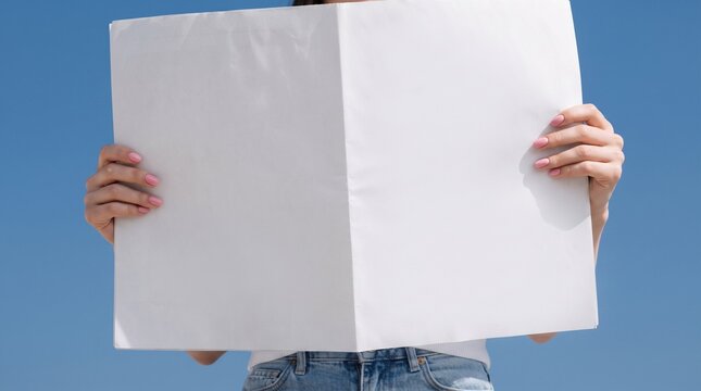 Blank Newspaper Mockup Held by Hands Against Blue Sky for Editorial Design Template