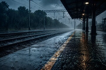 Fototapeta premium Railway Platform Under Heavy Monsoon Rain Captures Dramatic Water Splashing and Atmospheric Transit Weather Scene