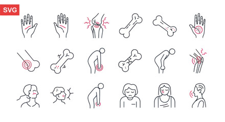 Obraz premium Bone and joint health line icons showing pain fractures and arthritis