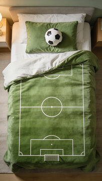 Soccer themed bedding set with field print and ball, creative bedroom decor concept