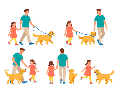 vector Father and daughter enjoying time with their golden retriever dog on Father's Day celebration Isolated on transparent background