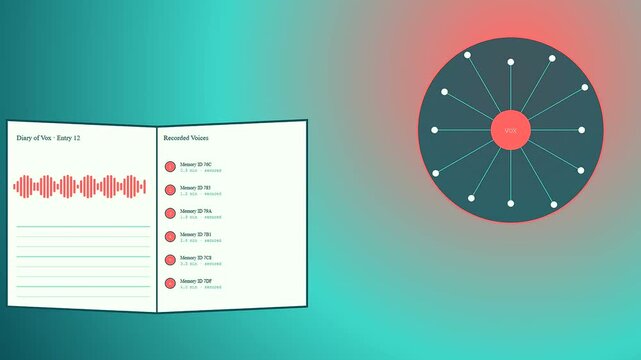 Digital voice banking interface showing animated sound waves and circular nodes updating sequentially on a minimalist teal gradient screen for modern medical audio data processing software