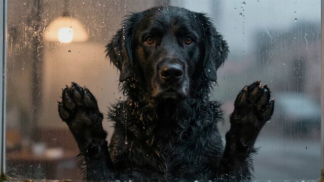 Black dog presses paws on rainy window, gazing longingly at the world outside.