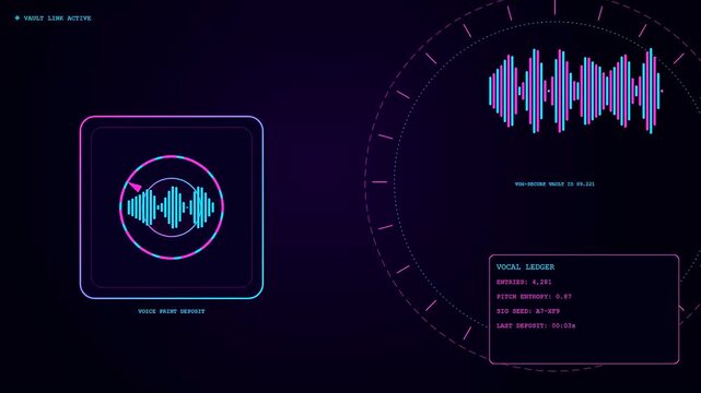 Digital voice banking interface showing rhythmic sound waves and abstract frequency data cycles captured in a smooth glowing user portal for biometric identity security authentication processes