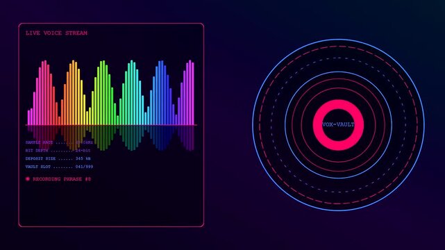Digital voice banking interface showing sound wave visualizations and concentric circles pulsating across a dark screen display to represent audio recording activity in real time