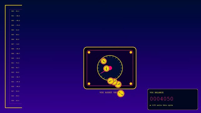Digital voice banking interface showing golden circular icons falling into locked vault containers with numerical data displays on a dark blue glowing neon aesthetic screen