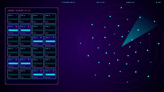 Voice banking interface showing active digital radar scanners and data nodes blinking within a neon purple software environment for advanced communication system processing in real time
