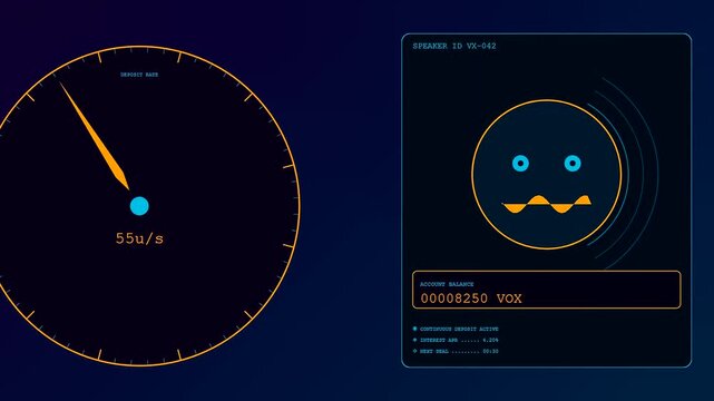 Voice banking user interface displaying circular gauge dials and animated character icons showing data flow and account balances during a session in a dark digital space
