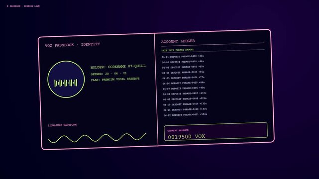 Digital voice banking interface showing an expanding financial account ledger with neon lines and glowing text on a dark screen during a sequence of changes