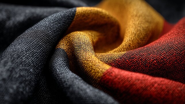 Close-up of Belgian flag fabric with detailed folds and rich texture, featuring black, yellow, and red stripes, symbolizing patriotism, heritage, and national identity.