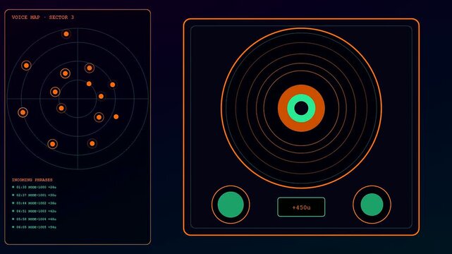 Digital displays showing voice banking signal patterns and frequency data analysis inside a futuristic interface while bright orange circular radar visuals glow against dark surroundings