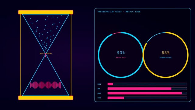 Voice banking visual monitoring system displays a cycle of changing audio waveforms inside digital hourglass shapes with glowing neon charts on dark virtual screens