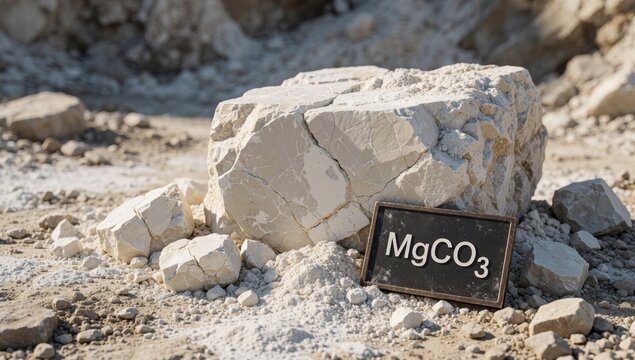 Large rock word mgco3 written black letters appears made light-colored material possibly stone concrete restin