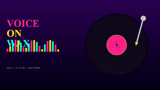 Voice banking audio visual representation with spinning analog vinyl record player needle and abstract multicolored pulse bars pulsing in rhythm against a dark blue gradient studio backdrop