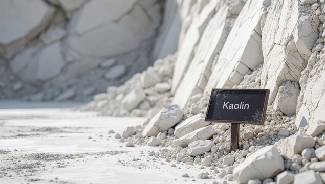 Small black sign word kaolin written white capital letters placed wooden post surrounded pile rocks pebbles ba