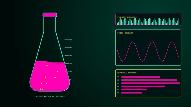 Digital voice banking process shown through an animated glass flask filling with liquid while audio waveform frequency charts monitor the vocal sample extraction in dark space