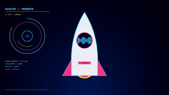 Voice banking progression shown via animated rocket launch graphics featuring data circular charts and sound wave visualizers isolated on a deep blue gradient digital canvas